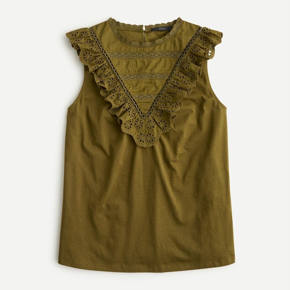 NWT J. Crew Eyelet ruffle-front tank in Moss